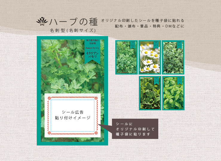 ハーブの種 (名刺サイズ) 印刷シール貼り付け ノベルティ種子